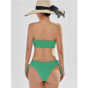 Women <b>Green</b> <b>Bikini</b> <b>Set</b> Ribbed Two Piece Swimwear Tie Side Drawstring Solid Color Stretch Swim Suit Front Logo Seamless - Product Image 4