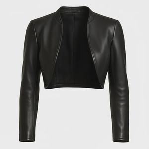 Black PU <b>Leather</b> Stand Collar Cropped <b>Blazer</b> Full Sleeve Minimalist Women's <b>Jacket</b> Autumn Style - Product Image 1
