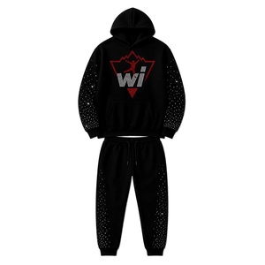 <b>Spark</b> Men Rhinestone Hoodie Jogger Tracksuit Set Black Fleece Streetwear Two Piece Casual Outfit For Daily Wear Wholesale - Product Image 1