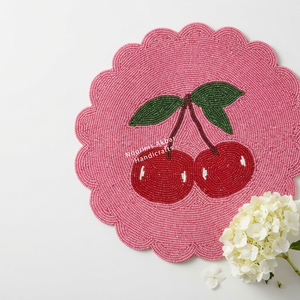 Handmade Cherry Beaded <b>Placemat</b> with Pink Scalloped Edge Decorative Dining <b>Table</b> Mat Wholesale OEM Supplier - Product Image 5