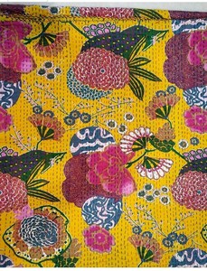 Handmade <b>Indian</b> Floral Printed Kantha <b>Quilt</b> Organic Cotton Bohemian Home Decor All Season Yellow Pink Pattern - Product Image 3