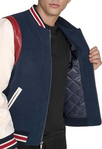 <b>Men's</b> Navy Varsity <b>Jacket</b> With <b>White</b> Sleeves And Red Accents Embroidered C Logo Zipper Closure Preppy Style Autumn Wear - Product Image 3