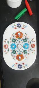 Plato Ovalado de Mármol Blanco Grabado a Mano con Incrustaciones Florales, Regalo de Aniversario de Bodas, Superventas - Product Image 5