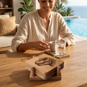 Ensemble de sous-verres carrés en bois avec motif dinosaure, tapis réutilisables, finition naturelle, épaisseur 10 mm, faits à la main, rustiques, diamètre 10 cm - Product Image 3