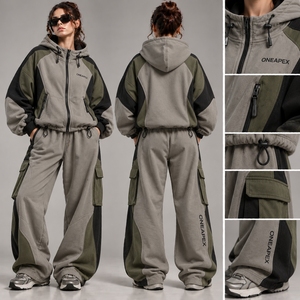 <b>Women's</b> Oversized <b>Cargo</b> Tracksuit Set Grey Green Color Block Hooded <b>Jacket</b> Wide Leg <b>Cargo</b> Pants Streetwear Custom - Product Image 2