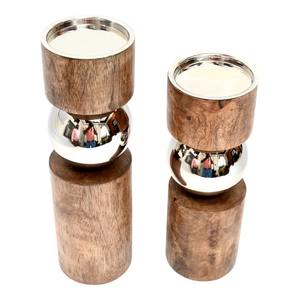 Porte-bougie décoratif en bois avec accent sphérique en métal, support de bougie moderne pour table, décoration de salon, lot de 2 - Product Image 3