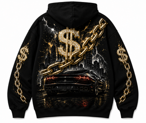 Hustle Hip Hop Hoodie Unisexe Noir Oversize Imprimé Écologique Léger Motif Chaîne de Voiture et Dollar Logo Avant 100% Coton - Product Image 6