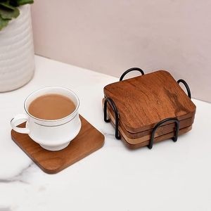 Support de sous-verres en bois artisanal avec cadre métallique, lot de 4, pour la protection des plans de travail, organisateur de sous-verres rustique en bois - Product Image 4