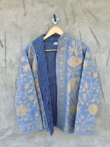 Blue Hand Embroidered Floral <b>Velvet</b> Breathable Eco-Friendly Winter Full Sleeve O' Neck Collar Women's Jacket Cotton Material - Product Image 2