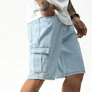 Shorts cargo bleu clair pour homme, taille mi-haute, élastique, respirant, style bermuda décontracté avec plusieurs poches, couleur unie, tissu en coton - Product Image 1