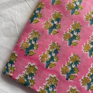 Pink Floral Buta Hand Block Printed Cotton Fabric Yellow Blue Flower Indian Handmade Jaipuri Print Cotton Fabric Small Motif - Product Image 1