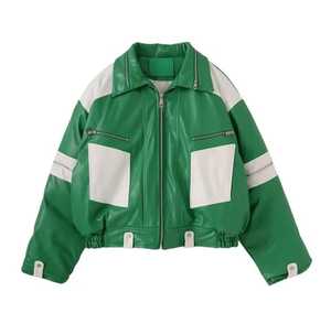 Veste décontractée pour homme en cuir véritable vert respirant, avec blocs de couleur, col rabattable, fermeture éclair, longueur et manches standard - Product Image 1