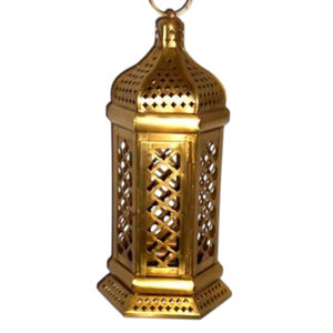 Lanterne hexagonale en laiton de style marocain antique, doré brossé, en métal et verre, porte-bougie suspendu pour la décoration intérieure et les célébrations festives - Product Image 2