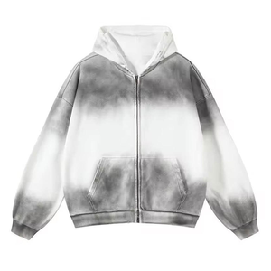 Sweat à capuche zippé noir pour homme 100 % coton, coupe oversize, décontracté, pour l'automne, couleur unie délavée à l'acide - Product Image 2