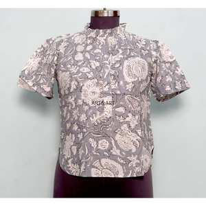 Túnica Moderna con Estampado Floral, 100% Algodón Lavable, Estilo Casual Femenino, Cuello Mandarín con Volantes, Manga Media, Mini - Product Image 1