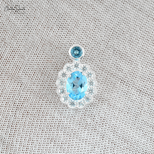 Fournisseurs en gros de pendentifs ovales en topaze bleue en argent sterling 925 avec halo et zircon cubique, bijoux de mode pour mariée - Product Image 3