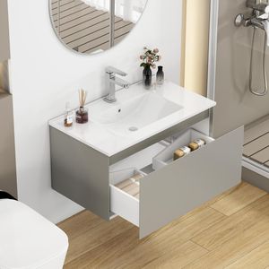 32-Inch Wall Mounted <b>Bathroom</b> <b>Vanity</b> with 1 Big Drawer Soft Close System Ceramic Sink No Handle Design Solid Wood Painted Finish - Product Image 2
