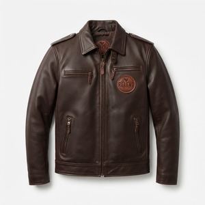 Chaqueta de Motociclista de Cuero Genuino para Hombre Relevo, Color Marrón Oscuro, Cuello Camisero, Cierre de Cremallera Frontal, Logotipo, Color Sólido, Estilo Otoñal - Product Image 1