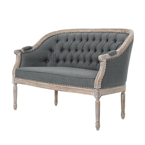 Sofá de Dos Plazas de Lona y Cuero Color Gris con Base de Madera Maciza para Sala de Estar, Sofá de Diseño Elegante en Venta - Product Image 1