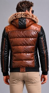<b>Men's</b> Black Brown Leather Puffer Jacket, Genuine Fox <b>Fur</b> <b>Hood</b>, Winter Biker <b>Coat</b> - Product Image 5