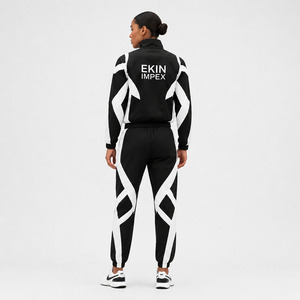 Ekin Impex Men's Black <b>White</b> Geometric Tracksuit Set Full Zip Jacket <b>Jogger</b> Pants Wear Sporty Autumn Knitted Polyester - Product Image 4