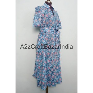 Vestido Midi de Mujer, Nuevo Diseño, 100% Algodón, Estampado Floral Hecho a Mano, Cuello en V, Mangas Cortas, Bolsillos, Decoración con Botones - Product Image 5