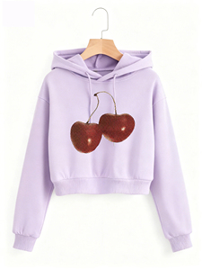 Sudadera con capucha de mujer color lavanda con estampado de cerezas con lentejuelas, estilo casual corto, logo frontal, estilo primavera, manga larga, tejida - Product Image 1