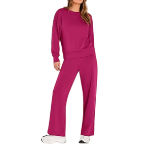 Women Plus Size Solid <b>Pink</b> Casual <b>Tracksuit</b> Crew Neck Sweatshirt With Drawstring Pants Full Length Loose Fit Fall Sweatsuits - Product Image 5