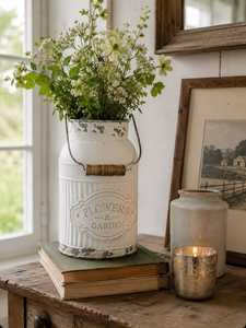 Jarrón de Metal Blanco Vintage con Asa, Estilo Rústico, para Flores, Decoración del Hogar - Product Image 1