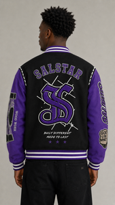 Veste bomber varsity noire en laine pour homme, manches en cuir violet, broderies, patchs, streetwear, veste de baseball - Product Image 2