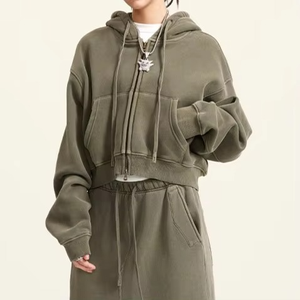 Sudadera con capucha de moda con cordón, estilo acid wash, para otoño, tipo cárdigan corto de punto grueso y cálido, de algodón deportivo para mujer, con forro ecológico. - Product Image 1