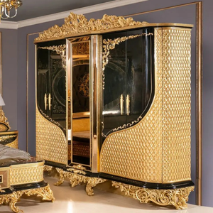 Elegante Armario de Lujo de Caoba con Cuatro Puertas, Negro y Dorado, Tallado a Mano, Diseño Europeo Antiguo Premium, Muebles para Dormitorio de Hotel - Product Image 1