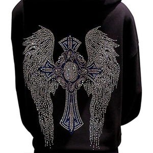 Sweat à capuche noir pour femme avec strass, ailes d'ange croisées, style gothique, décoration au dos, vêtement décontracté d'hiver, respirant, OEM - Product Image 4