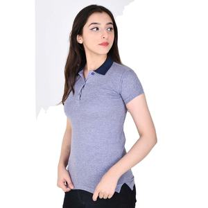 Camiseta de Punto para Mujer, Cuello Polo, Manga Corta, Color Gris Sólido, Corte Ajustado, Informal, Transpirable, de Algodón, para Primavera/Verano - Product Image 5