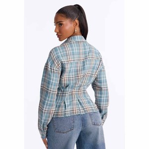 Camisa de mujer de manga larga a cuadros azul para otoño, blusa casual con cuello vuelto y botones, corsé en la cintura, ajuste ceñido - Product Image 2