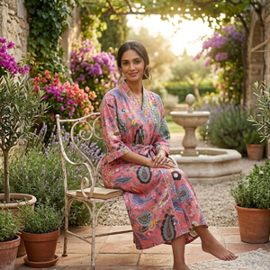 Bata Kimono Rosa Hecha a Mano de Algodón con Estampado Floral Paisley, Cuello en V, Manga Larga, Bata de Descanso, Ropa de Playa, Ropa de Resort - Product Image 5