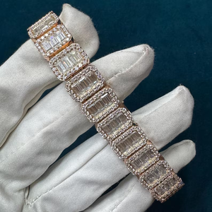 Bracelet Moissanite Or Rose Coupe Baguette, Bracelet Tennis Luxe Pavé, Bijoux Fins, Cadeau pour Femme, Mariage Nuptial - Product Image 1
