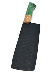 Couteau à découper artisanal en acier noir, manche en bois vert bicolore, outil culinaire - Product Image 2