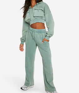 Women's <b>Mint</b> <b>Green</b> Cropped Utility Hoodie Wide Leg Sweatpants 2-Piece Tracksuit Set Custom Orange Logo Streetwear Casual Fleece - Product Image 4