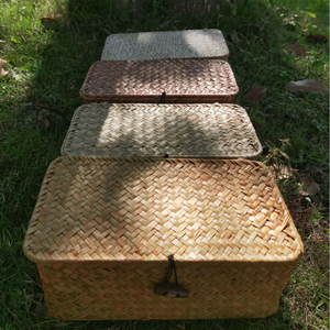 Handmade Seagrass Woven <b>Basket</b> <b>with</b> <b>Lid</b> Bali Beaded Woven <b>Wicker</b> Leaves Gift Packing for Snack <b>Storage</b> Flower Organizer - Product Image 4