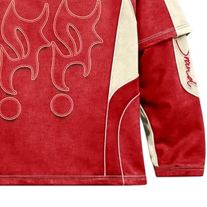 Nouvelle arrivée, sweat-shirt à manches longues en denim délavé de couleur rouge pour homme, col rond, patchwork, pull personnalisé, streetwear - Product Image 5
