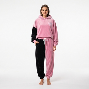 Ensemble sweat à capuche et pantalon en velours pour femme, color block rose et noir, manches longues, poignets côtelés, coupe ample, tenue décontractée - Product Image 5