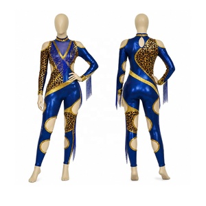 Costume de scène personnalisé pour homme, motif léopard bleu, combinaison intégrale avec franges dorées, tenue de performance légère - Product Image 1