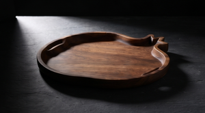 Plateau de service artisanal en bois de manguier en forme de grenade, plateau décoratif avec contour sculpté en couronne et poignées - Product Image 2