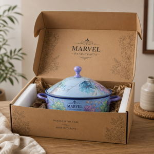 Casserole en acier émaillé bleu floral de qualité supérieure Marvel Handicrafts avec couvercle, pot de service à rétention de chaleur, ustensile de cuisine élégant, cadeau - Product Image 4