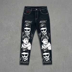 Jeans de Mezclilla Transpirables de Pierna Recta, Lavado Oscuro, con Estampado de Esqueleto Benjamin Franklin, Estilo Urbano, Cintura Media, 100% Algodón, Primavera - Product Image 4