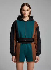 Ensemble de survêtement personnalisé en coton et polyester pour femme avec logo imprimé, pantalon large taille basse et sweat à capuche court zippé à manches longues en molleton - Product Image 2