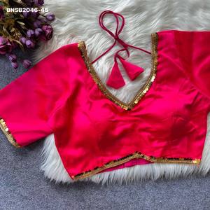 Colección de blusas de alta calidad en satén Malai con encaje dorado, listas para usar, de manga corta, cuello en V y corte tipo manzana, proveedor de Surat. - Product Image 2