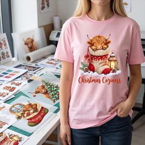Diseño de camiseta con estampado de vaca de las Tierras Altas para Navidad, con transferencia térmica, listo para planchar en PET. - Product Image 1
