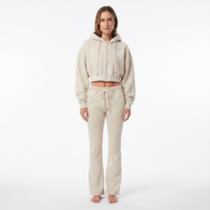 Conjunto de Sudadera con Capucha de Algodón Lavado al Ácido y Pantalones Jogger de Pierna Ancha para Mujer, Diseño Personalizado, con Cremallera Completa, Hombros Caídos, Top Corto, Ropa Casual - Product Image 1